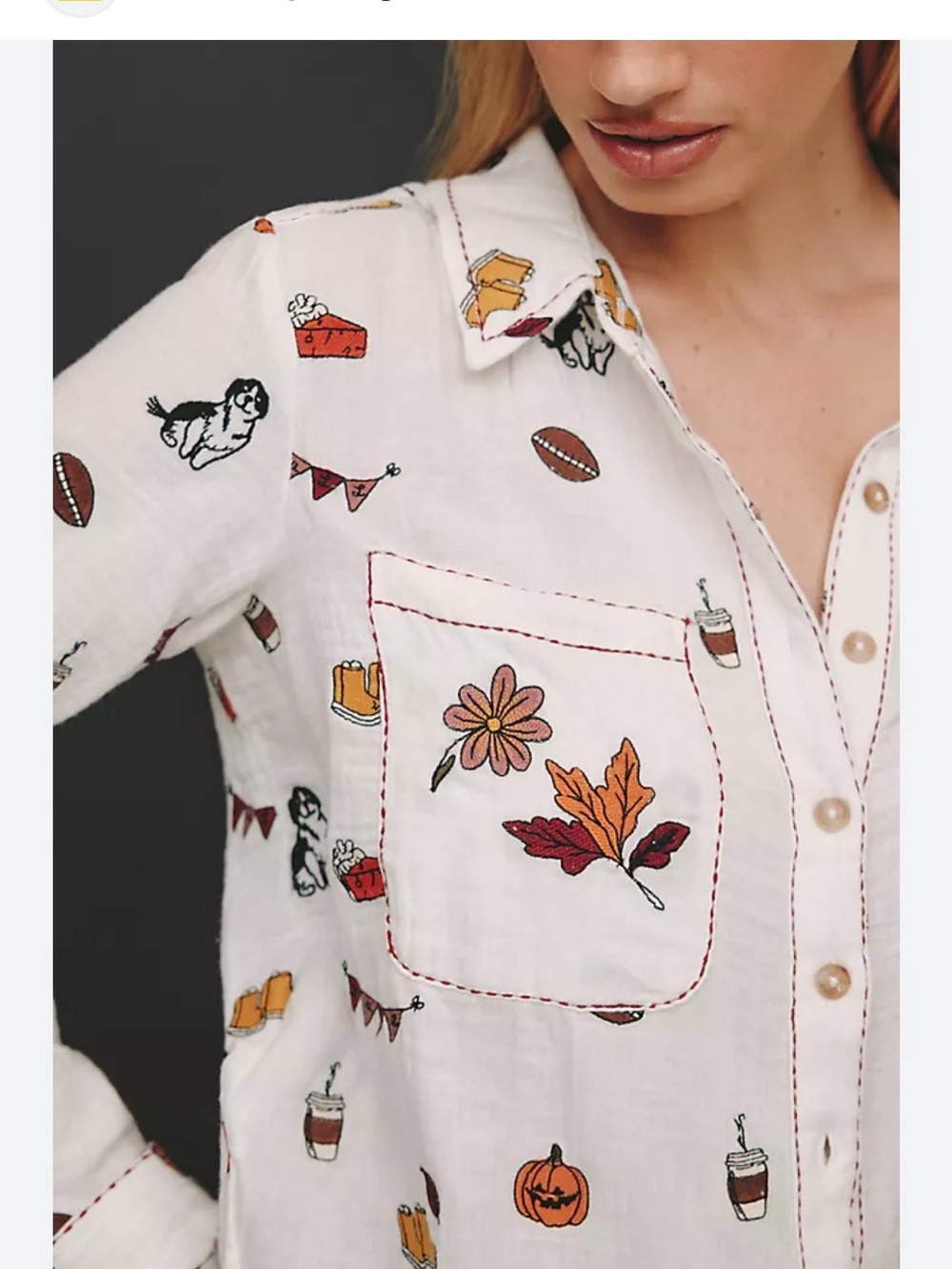 Anthropologie White Button-Down Shirt with Autumn Motif